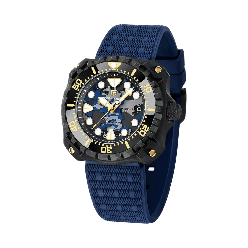PAGANI DESIGN PD-YN009 camouflage hollow dial watch black case blue camo dial blue rubber strap angled view
