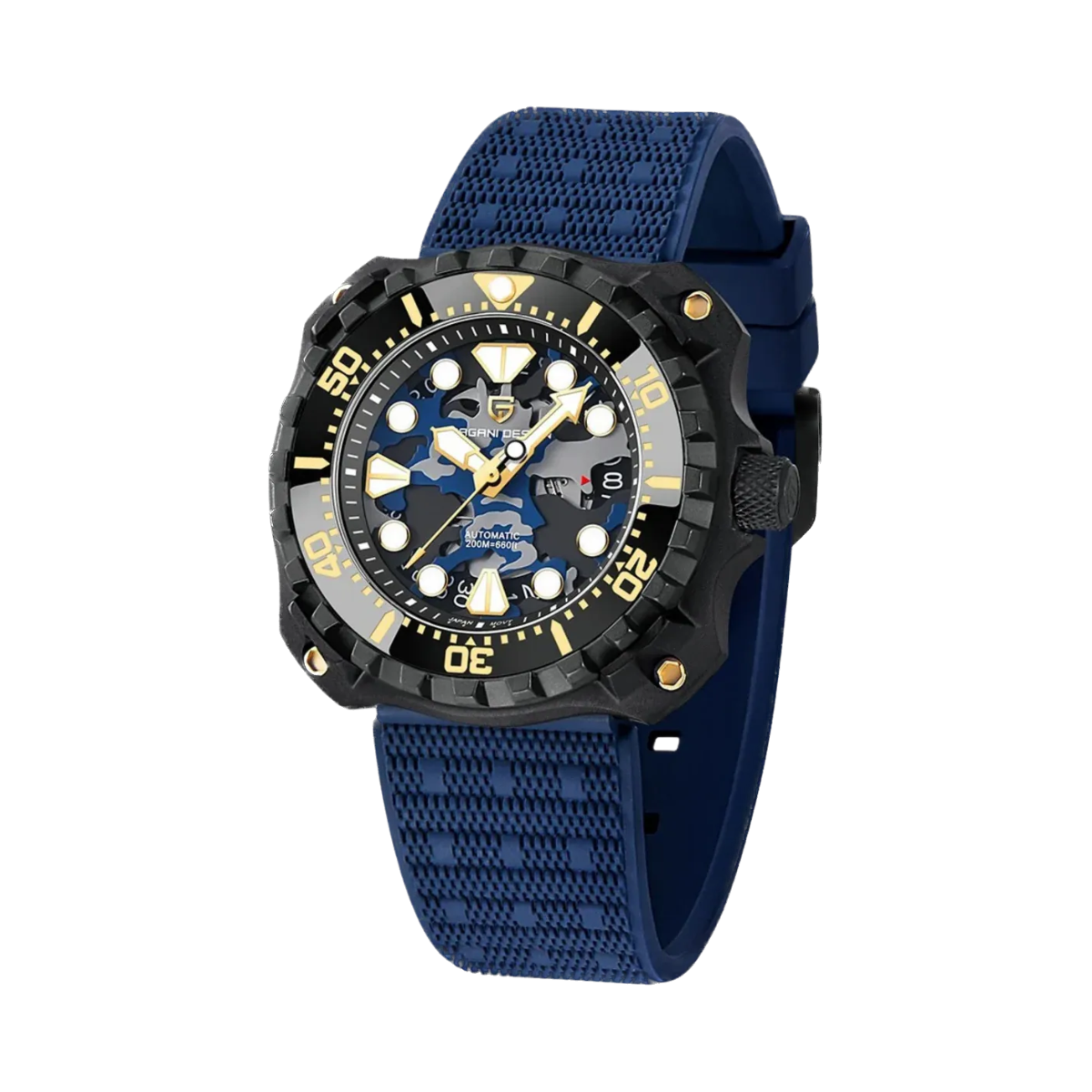 PAGANI DESIGN PD-YN009 camouflage hollow dial watch black case blue camo dial blue rubber strap angled view