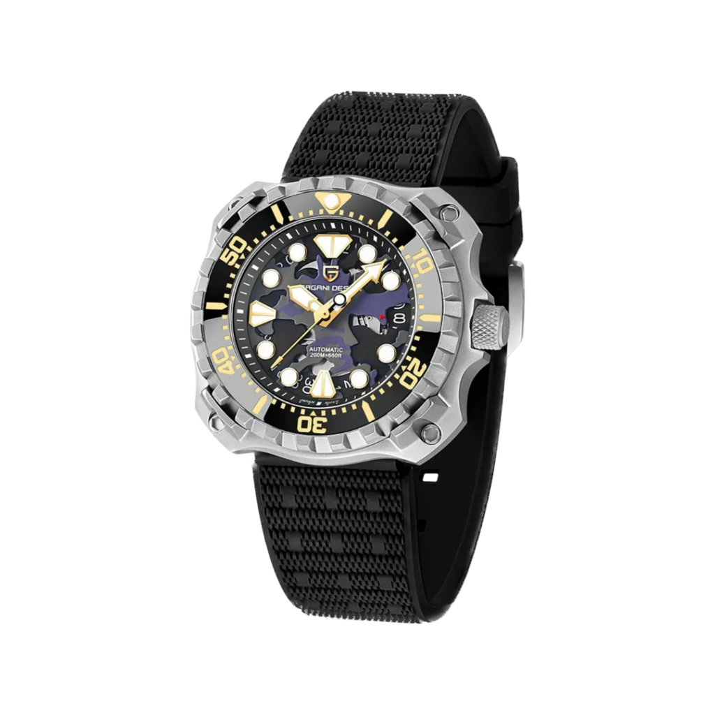 PAGANI DESIGN PD-YN009 camouflage hollow dial watch with blue camo dial silver case angled view
