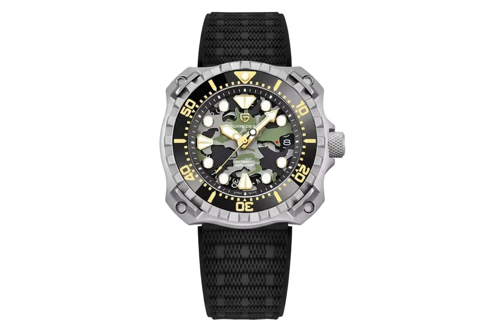 PAGANI DESIGN PD-YN009 camouflage hollow dial diver watch silver case green camo skeleton dial front view