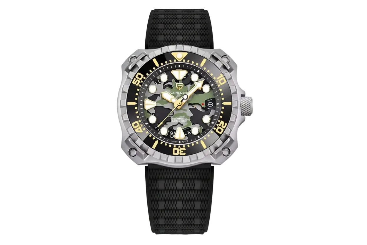 PAGANI DESIGN PD-YN009 camouflage hollow dial diver watch silver case green camo skeleton dial front view