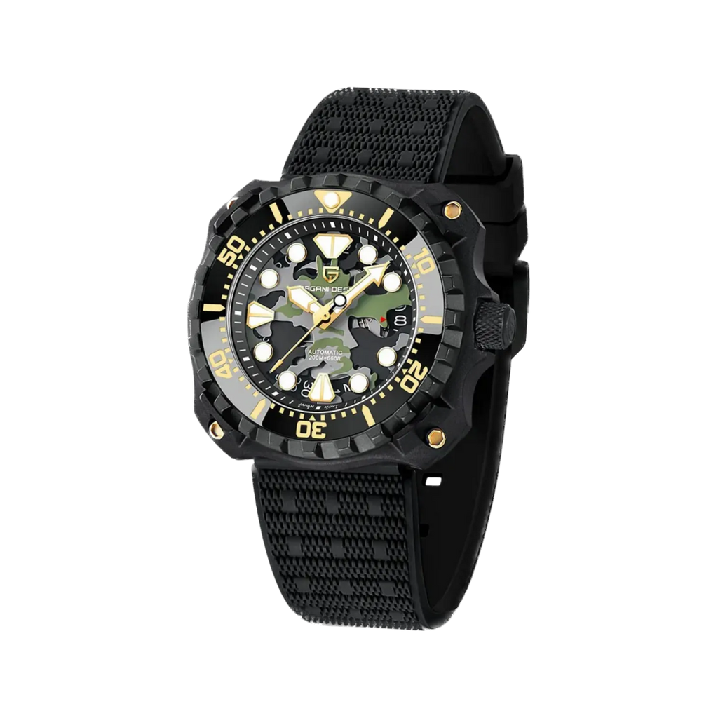 PAGANI DESIGN PD-YN009 camouflage hollow dial watch black case green camo skeleton dial angled view