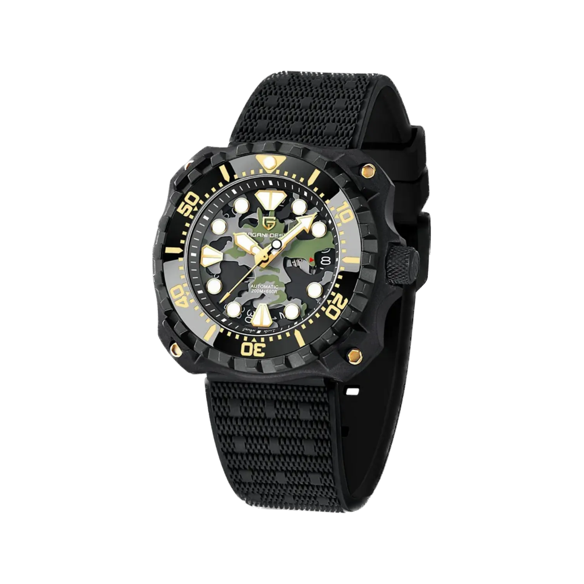 PAGANI DESIGN PD-YN009 camouflage hollow dial watch black case green camo skeleton dial angled view
