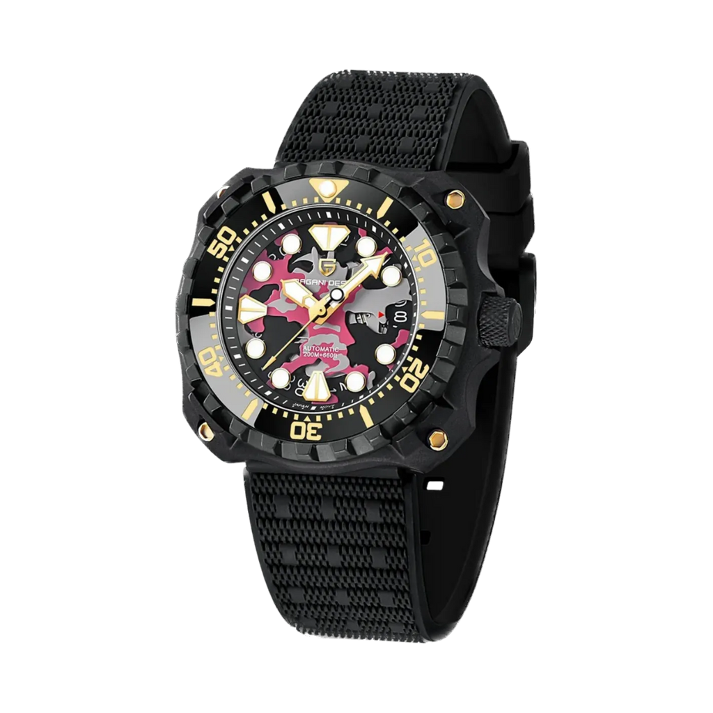 PAGANI DESIGN PD-YN009 camouflage hollow dial watch black case red camo skeleton dial angled view