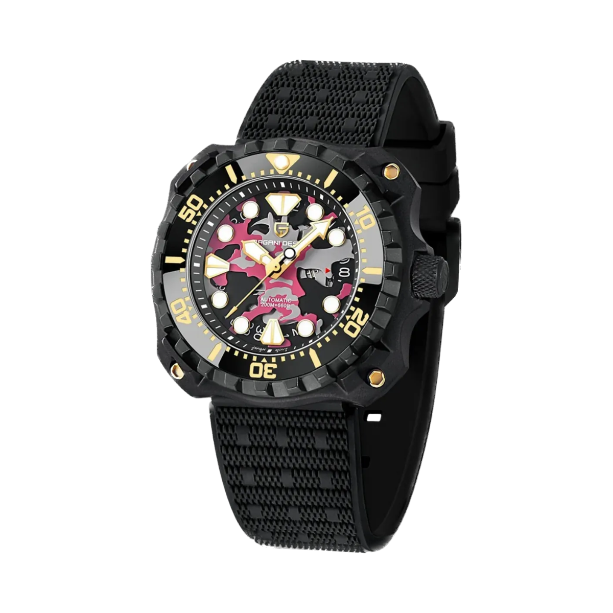 PAGANI DESIGN PD-YN009 camouflage hollow dial watch black case red camo skeleton dial angled view
