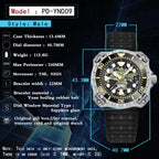 PAGANI DESIGN PD-YN009 camouflage hollow dial watch specifications graphic showing 40.7mm size and NH35 movement