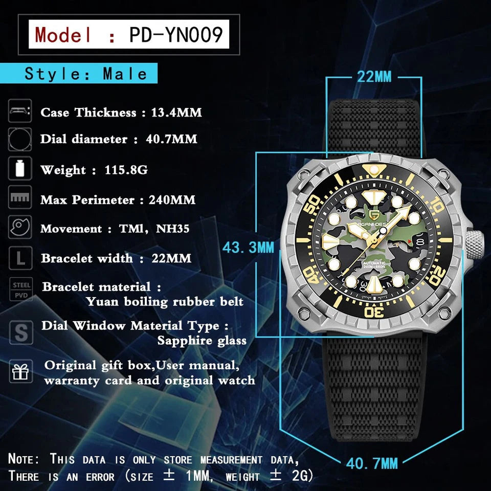 PAGANI DESIGN PD-YN009 camouflage hollow dial watch specifications graphic showing 40.7mm size and NH35 movement