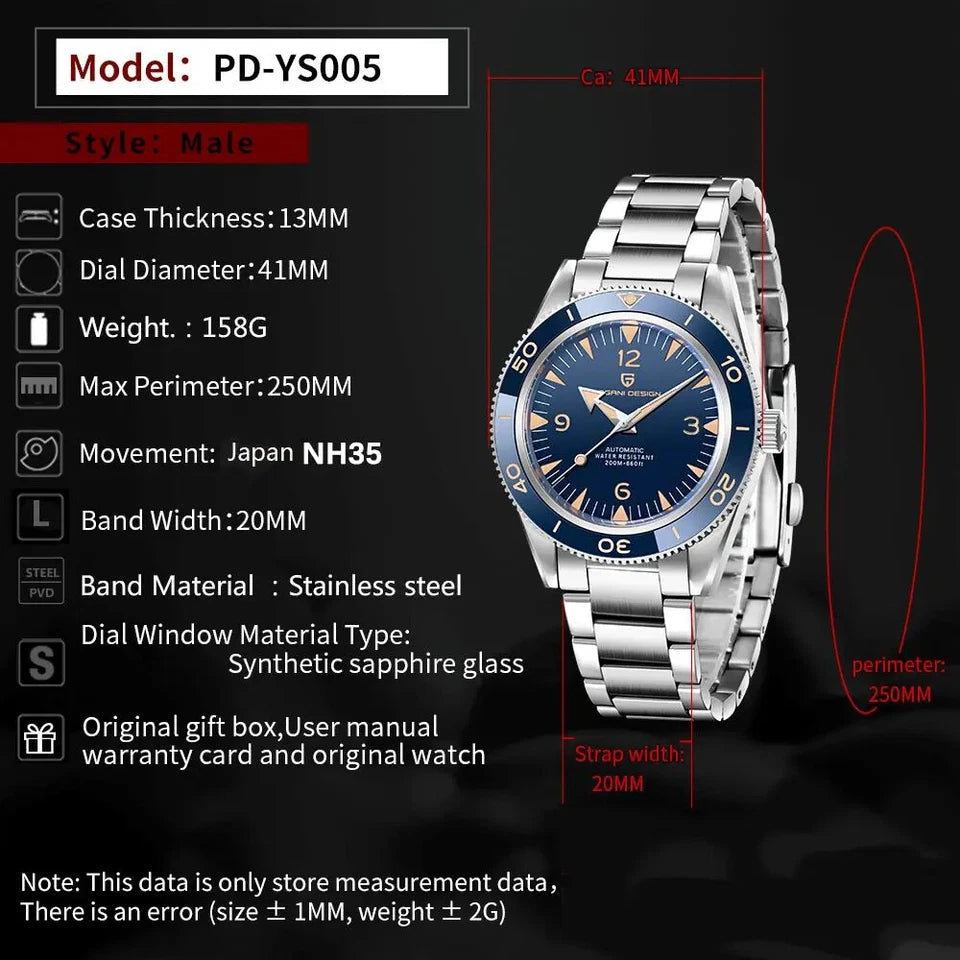PAGANI DESIGN PD-YS005 41MM automatic watch specifications with blue dial and dimensions