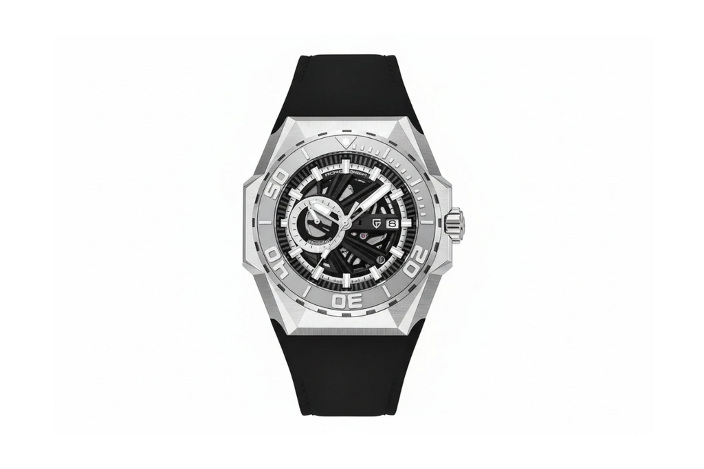 Pagani Design PD-YS007 skeleton automatic watch silver case black skeleton dial black rubber strap front view