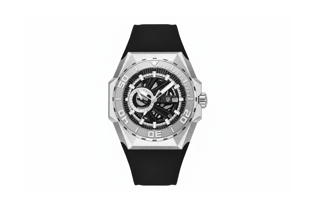 Pagani Design PD-YS007 skeleton automatic watch silver case black skeleton dial black rubber strap front view