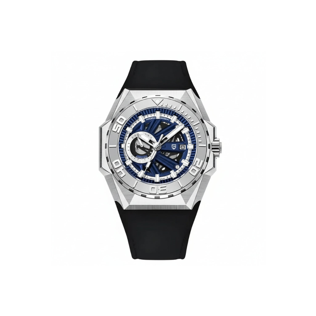 Pagani Design PD-YS007 Skeleton Men's Automatic Watch with blue dial, angled view