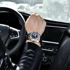 Pagani Design PD-YS007 skeleton automatic watch with blue dial and black rubber strap on display