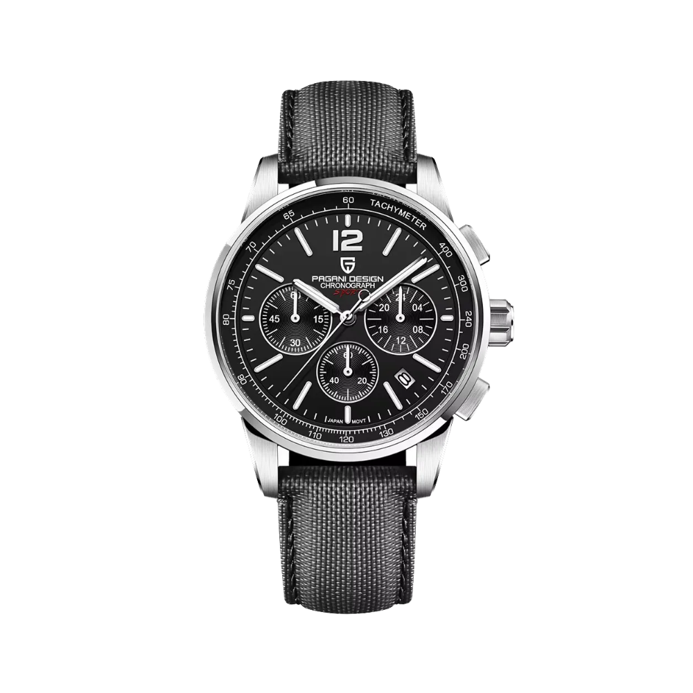 PAGANI DESIGN PD-YS008 VK63 chronograph watch black dial silver case black fabric strap front view