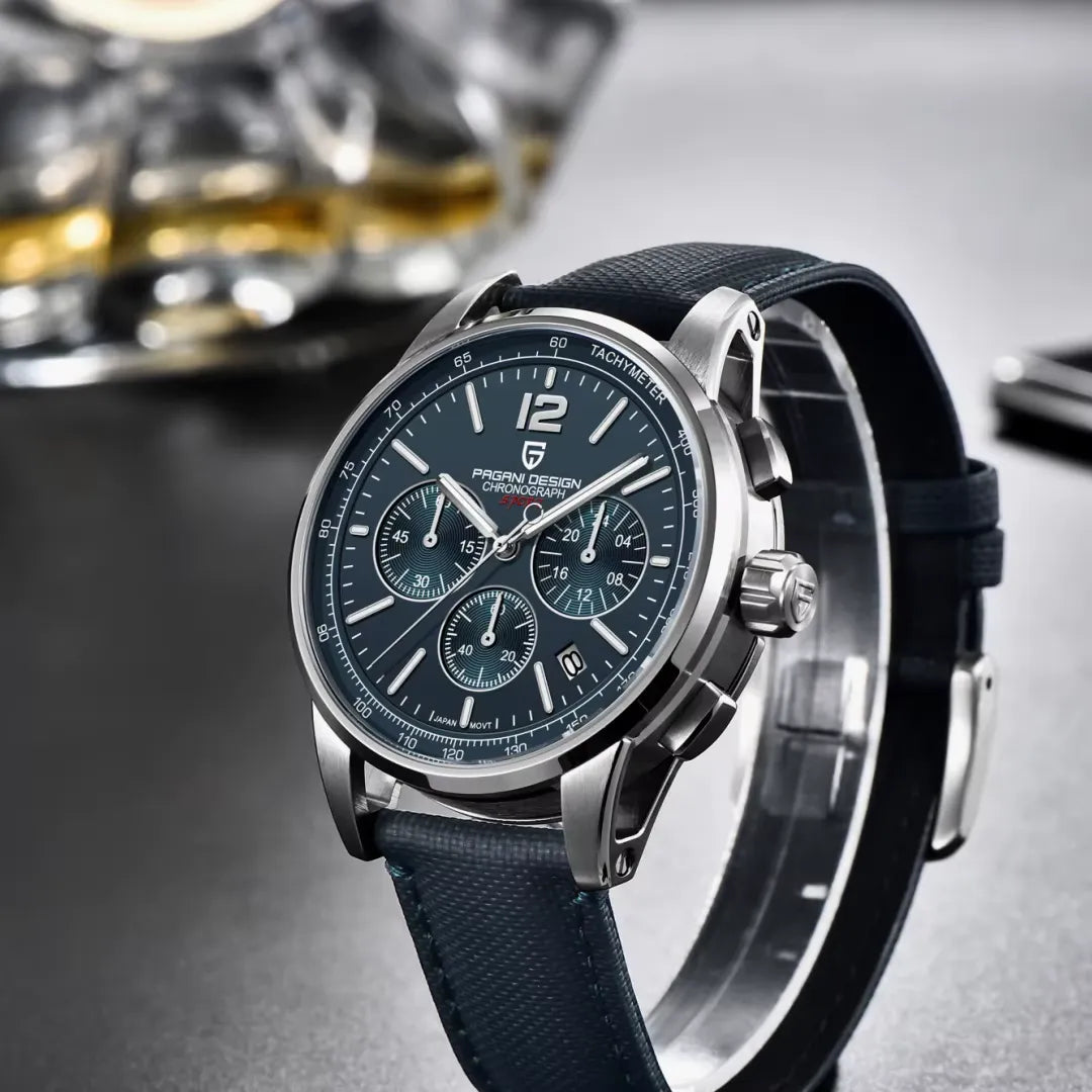 PAGANI DESIGN PD-YS008 VK63 chronograph watch with blue dial, side angle
