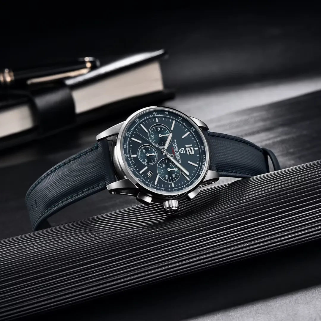 PAGANI DESIGN PD-YS008 VK63 chronograph watch with dark blue dial and fabric strap on ridged surface