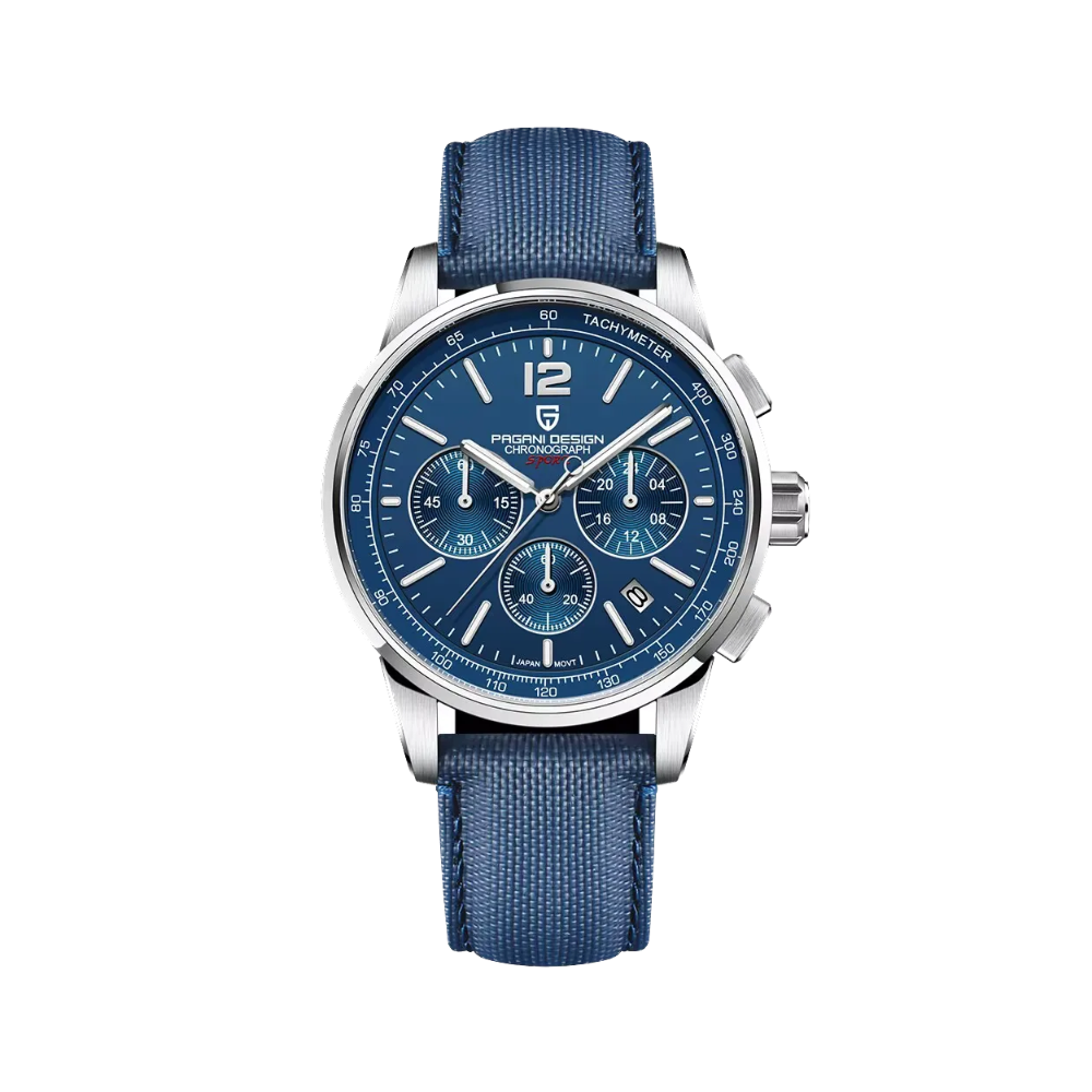 PAGANI DESIGN PD-YS008 VK63 chronograph watch blue dial silver case blue fabric strap front view