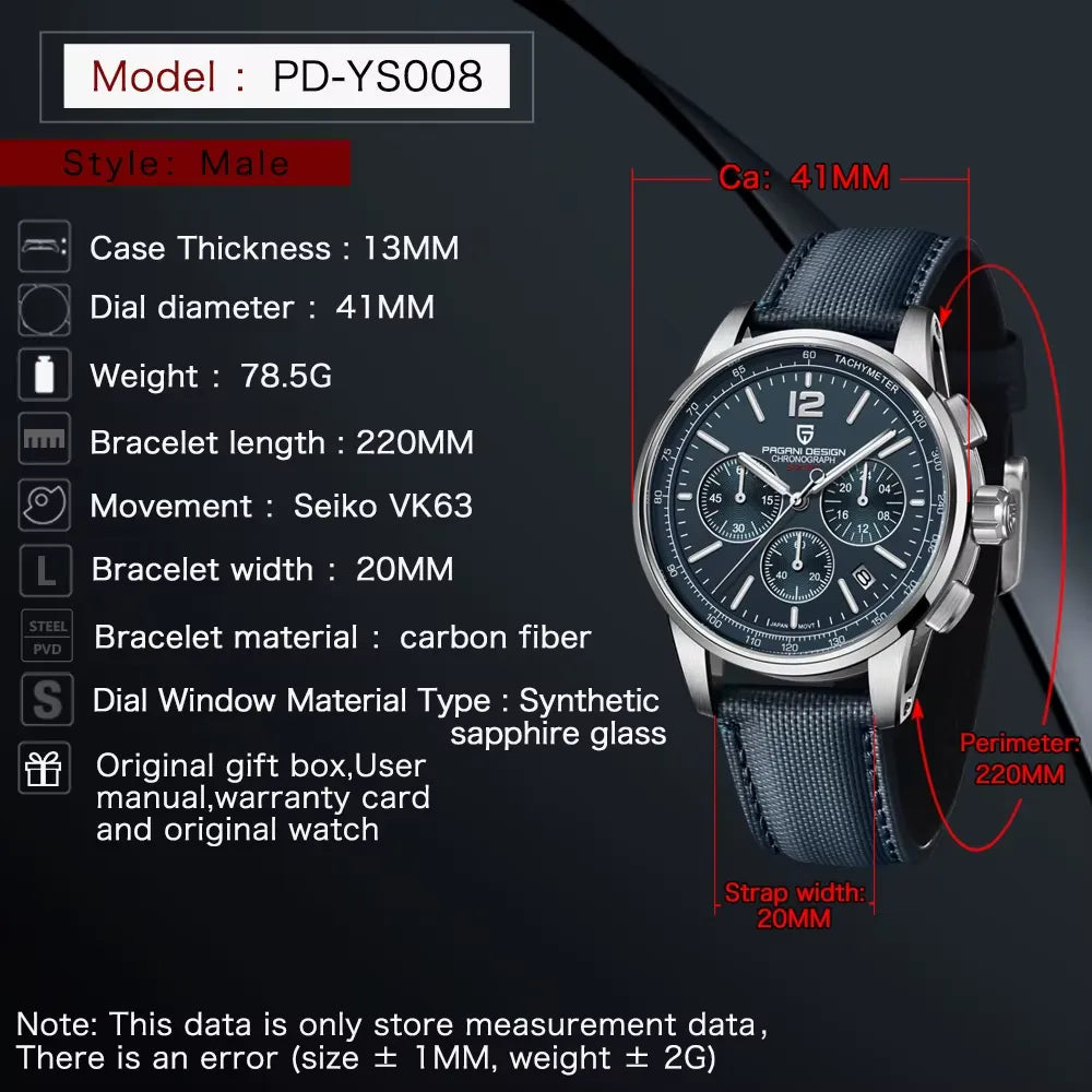 PAGANI DESIGN PD-YS008 VK63 watch specifications graphic with dimensions