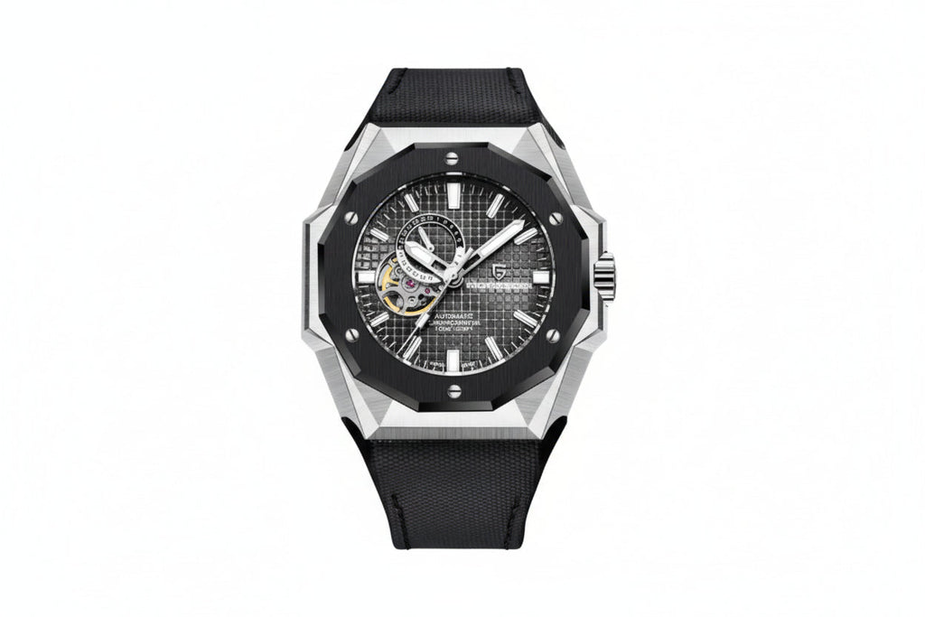 PAGANI DESIGN PD-YS010 skeleton watch with black dial, front view
