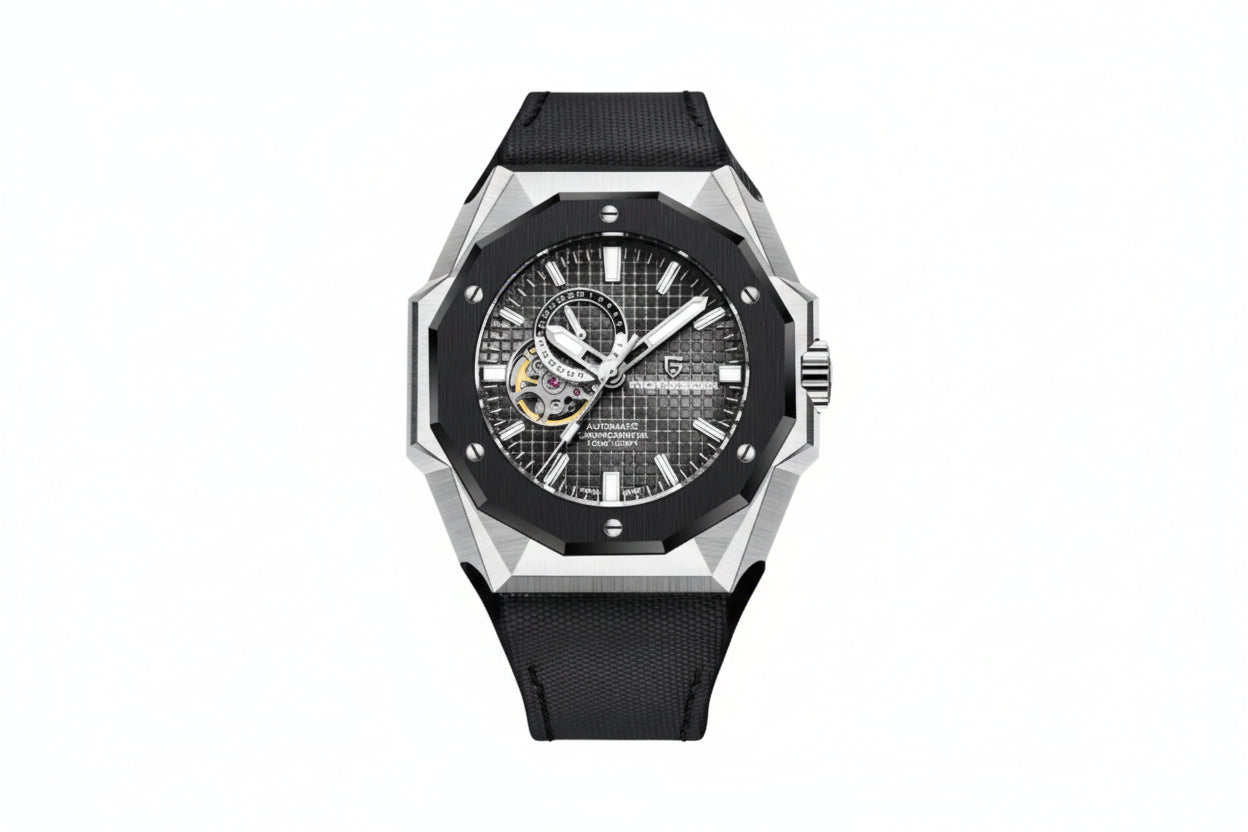PAGANI DESIGN PD-YS010 skeleton watch with black dial, front view