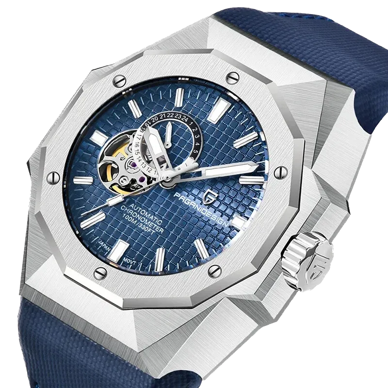 PAGANI DESIGN PD-YS010 skeleton watch, blue dial in gift box display