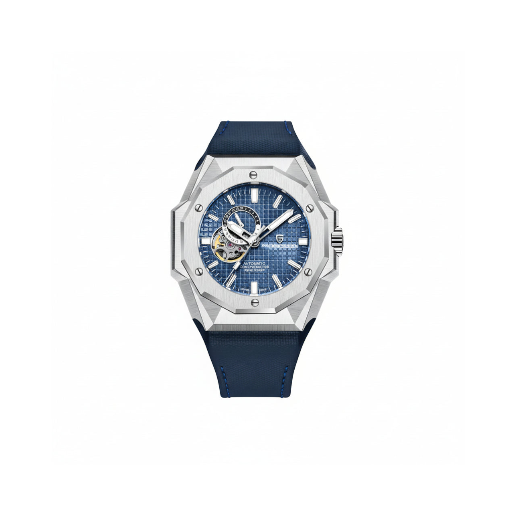 PAGANI DESIGN PD-YS010 skeleton watch with blue dial, front view