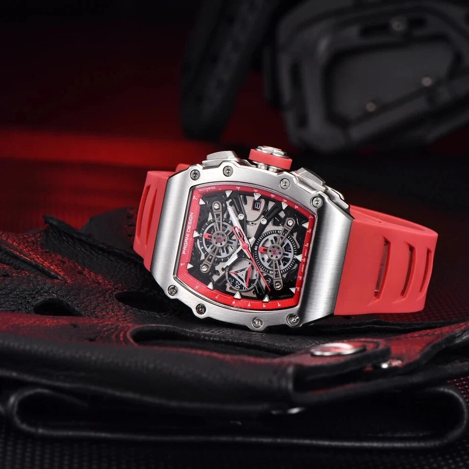 PAGANI DESIGN PD-YS011 skeleton chronograph watch with red strap and tonneau case on glove