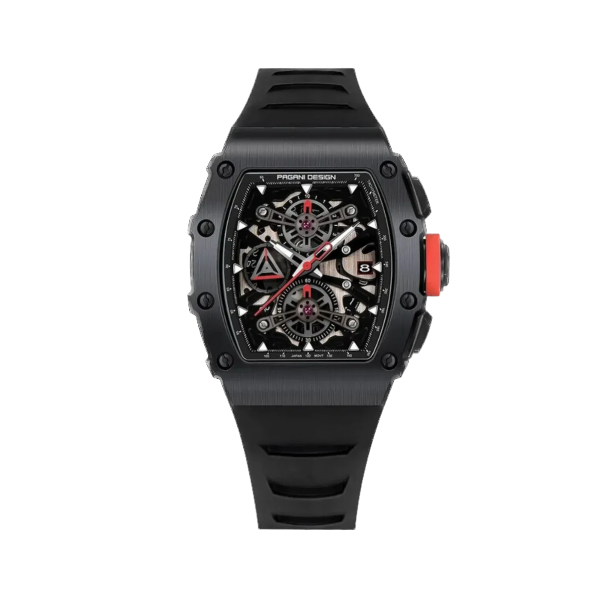PAGANI DESIGN PD-YS011 skeleton chronograph all black, front view