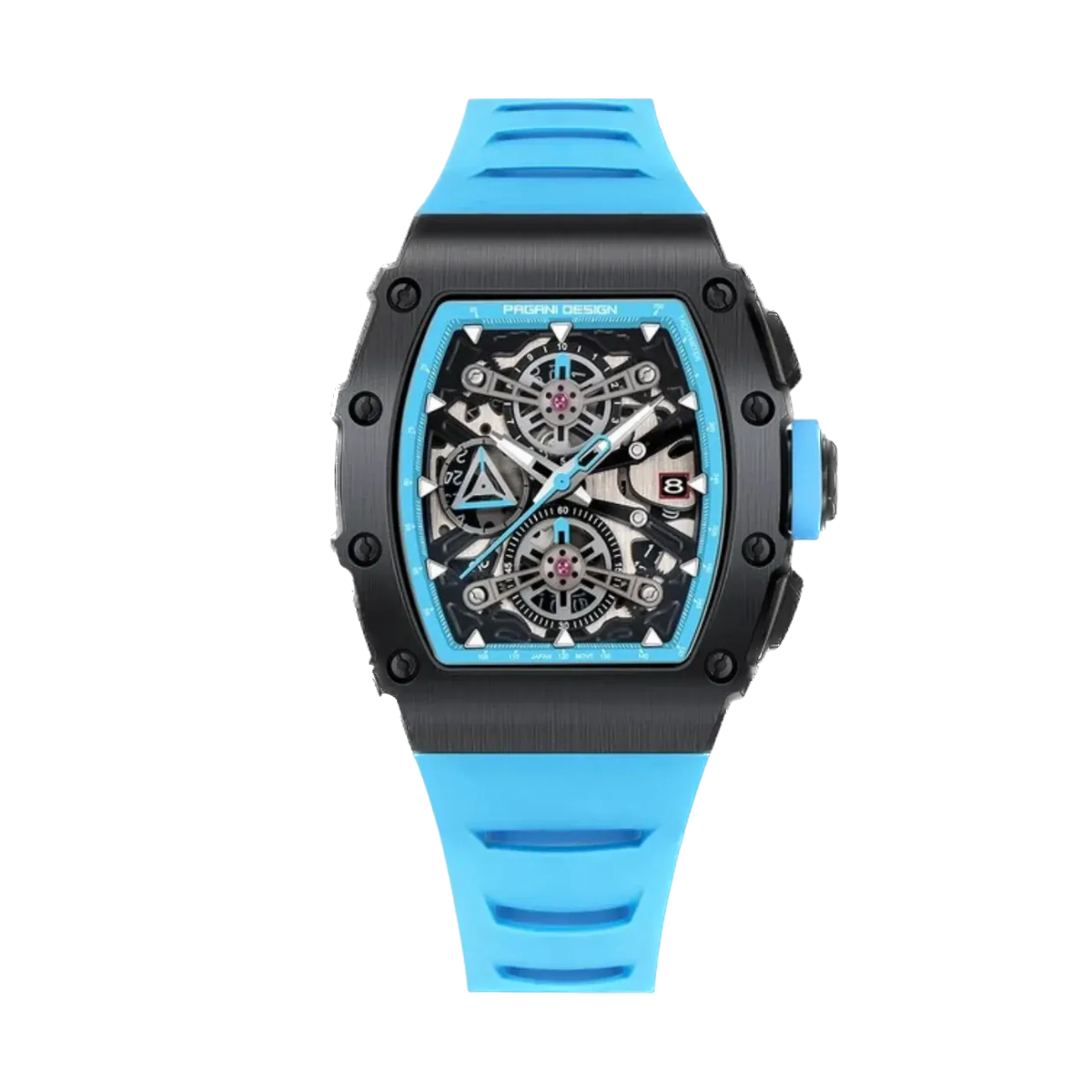 PAGANI DESIGN PD-YS011 skeleton chronograph, black case light blue strap