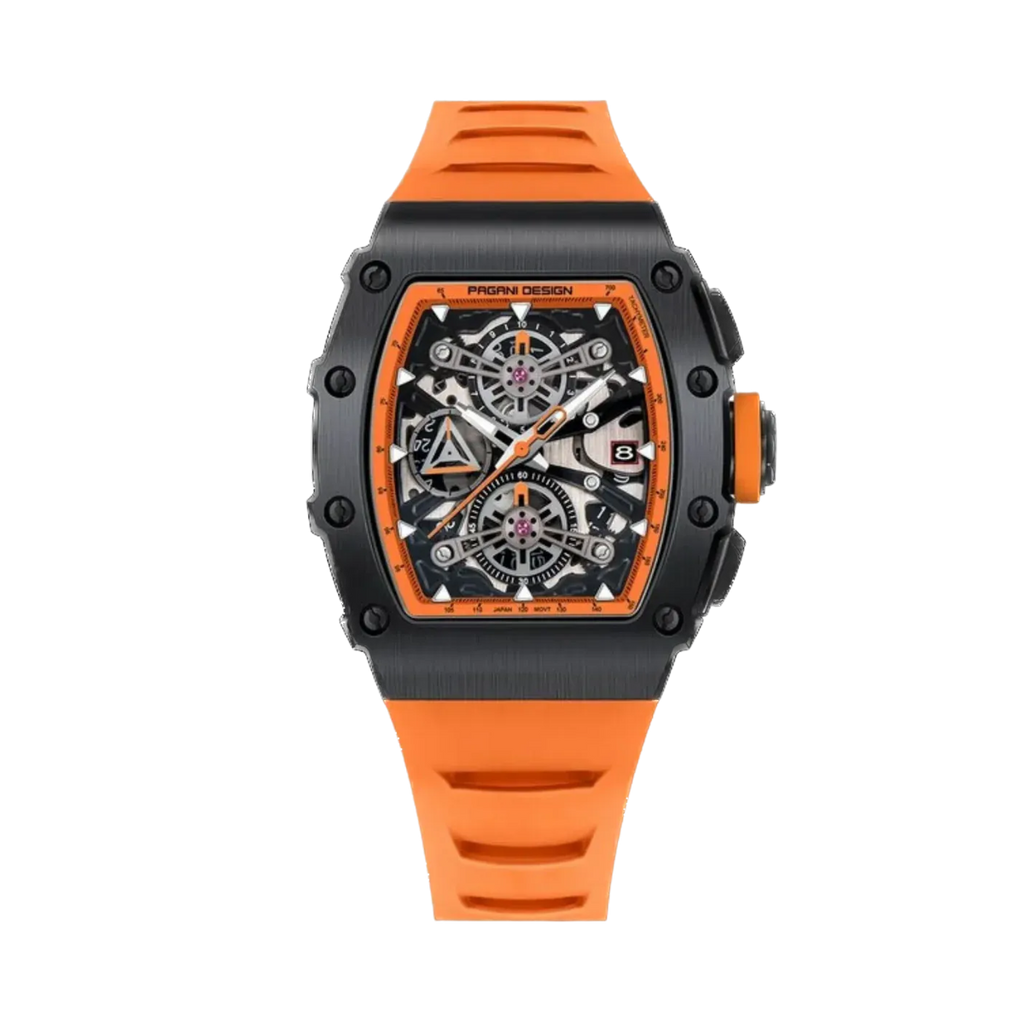PAGANI DESIGN PD-YS011 skeleton chronograph, black case orange strap