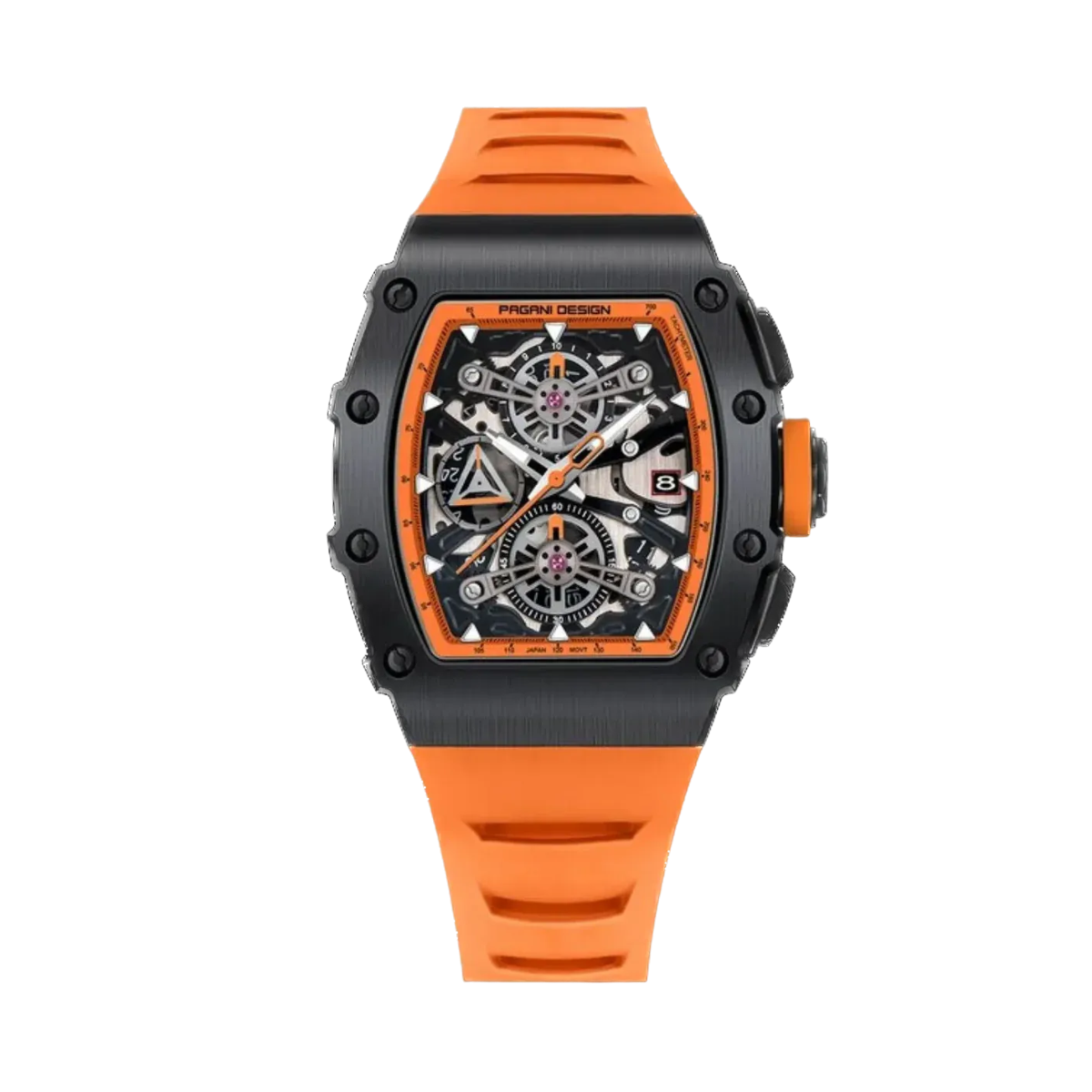 PAGANI DESIGN PD-YS011 skeleton chronograph, black case orange strap