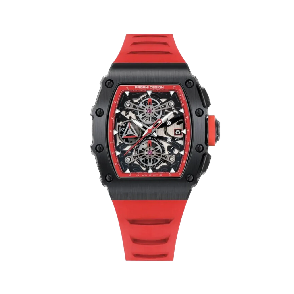 PAGANI DESIGN PD-YS011 skeleton chronograph, black case red strap