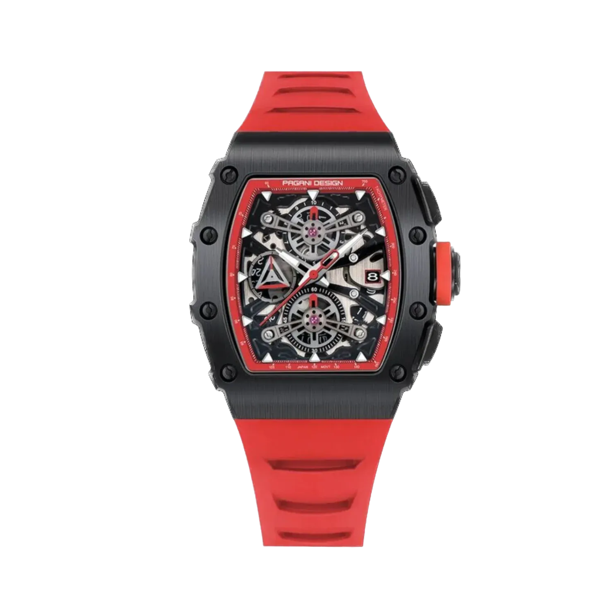 PAGANI DESIGN PD-YS011 skeleton chronograph, black case red strap