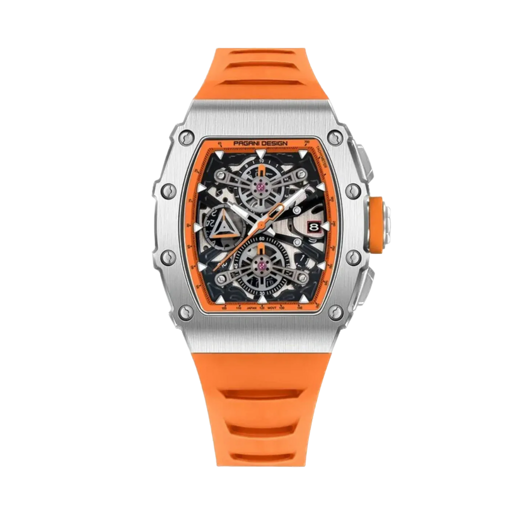PAGANI DESIGN PD-YS011 skeleton chronograph, orange strap front view