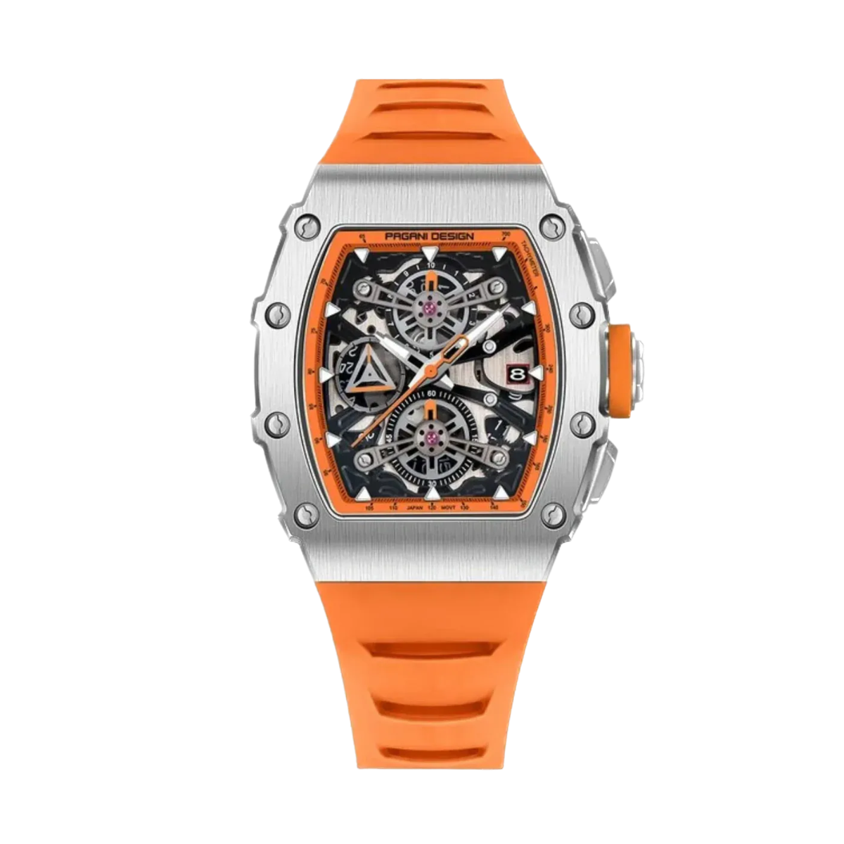 PAGANI DESIGN PD-YS011 skeleton chronograph, orange strap front view