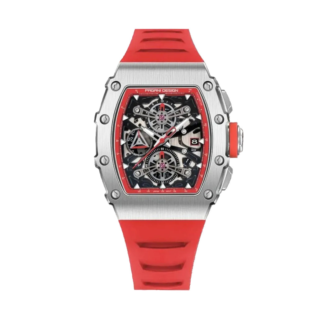 PAGANI DESIGN PD-YS011 skeleton chronograph watch, red dial front view
