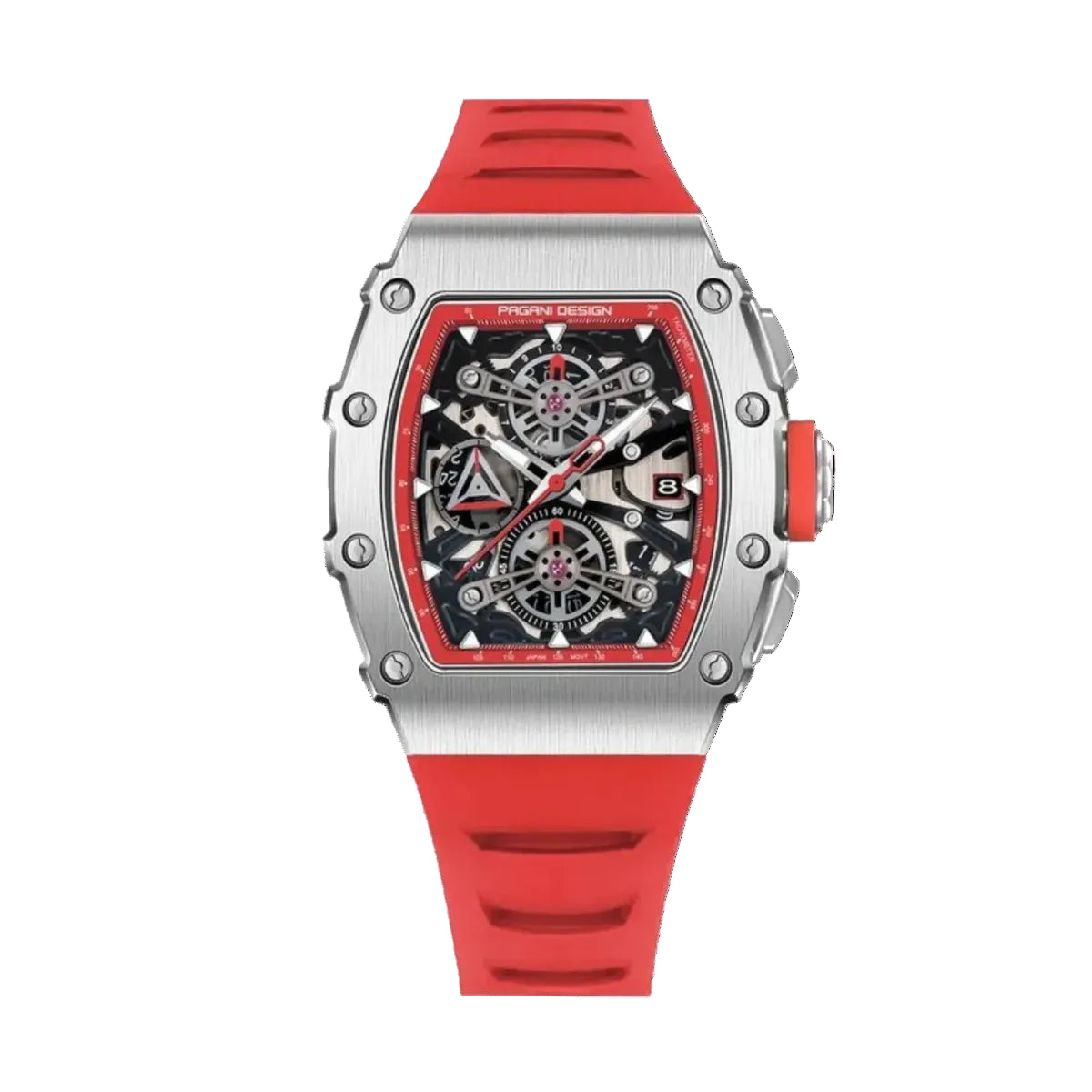 PAGANI DESIGN PD-YS011 skeleton chronograph watch, red dial front view