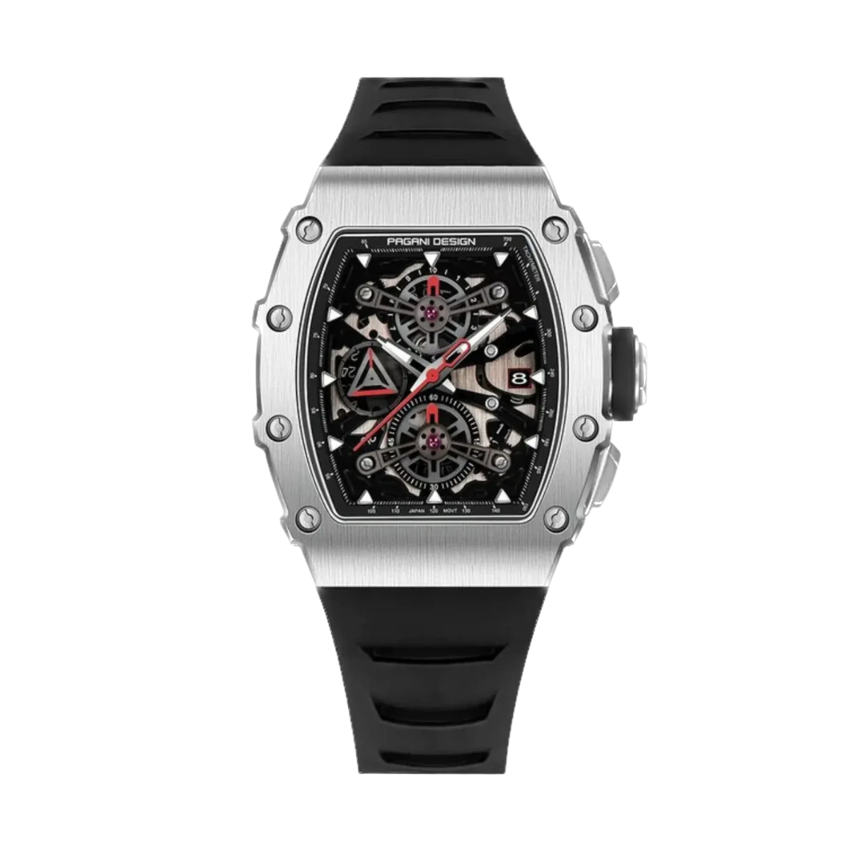 PAGANI DESIGN PD-YS011 skeleton chronograph, silver case black strap