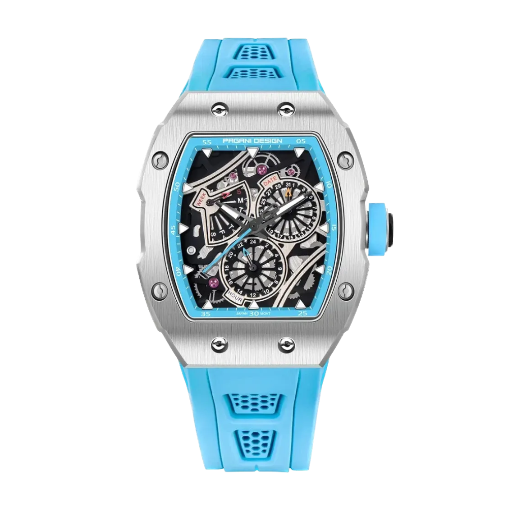 PAGANI DESIGN PD-YS012 skeleton watch, black case light blue strap