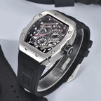 PAGANI DESIGN PD-YS012 tonneau skeleton watch with black dial and rubber strap front view