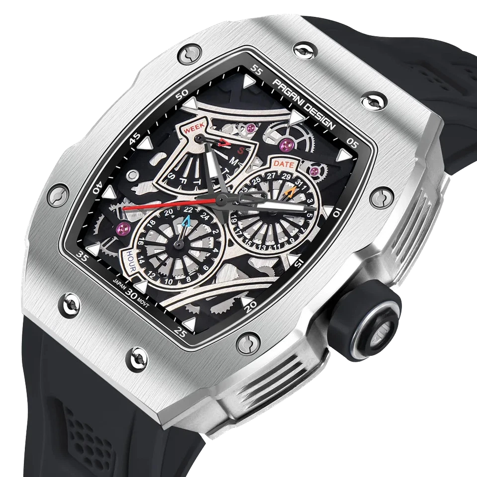 Angle view of Pagani Design PD‑YS012 skeleton sport watch with black rubber strap, silver tonneau case, skeleton dial with chronograph subdials, showing side and front details on a transparent background.