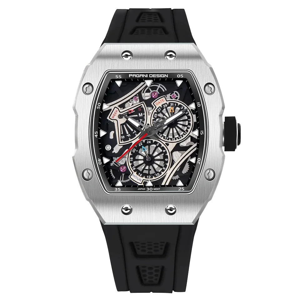 Front view of Pagani Design PD‑YS012 skeleton sport watch with black rubber strap, silver tonneau case, skeleton dial with chronograph subdials, isolated on a transparent background.