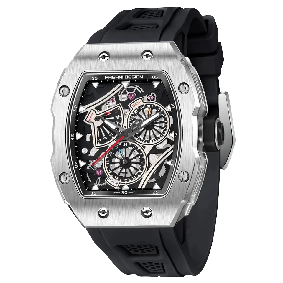 Three-quarter view of Pagani Design PD‑YS012 skeleton sport watch with black rubber strap, silver tonneau case, skeleton dial with chronograph subdials, isolated on a transparent background.