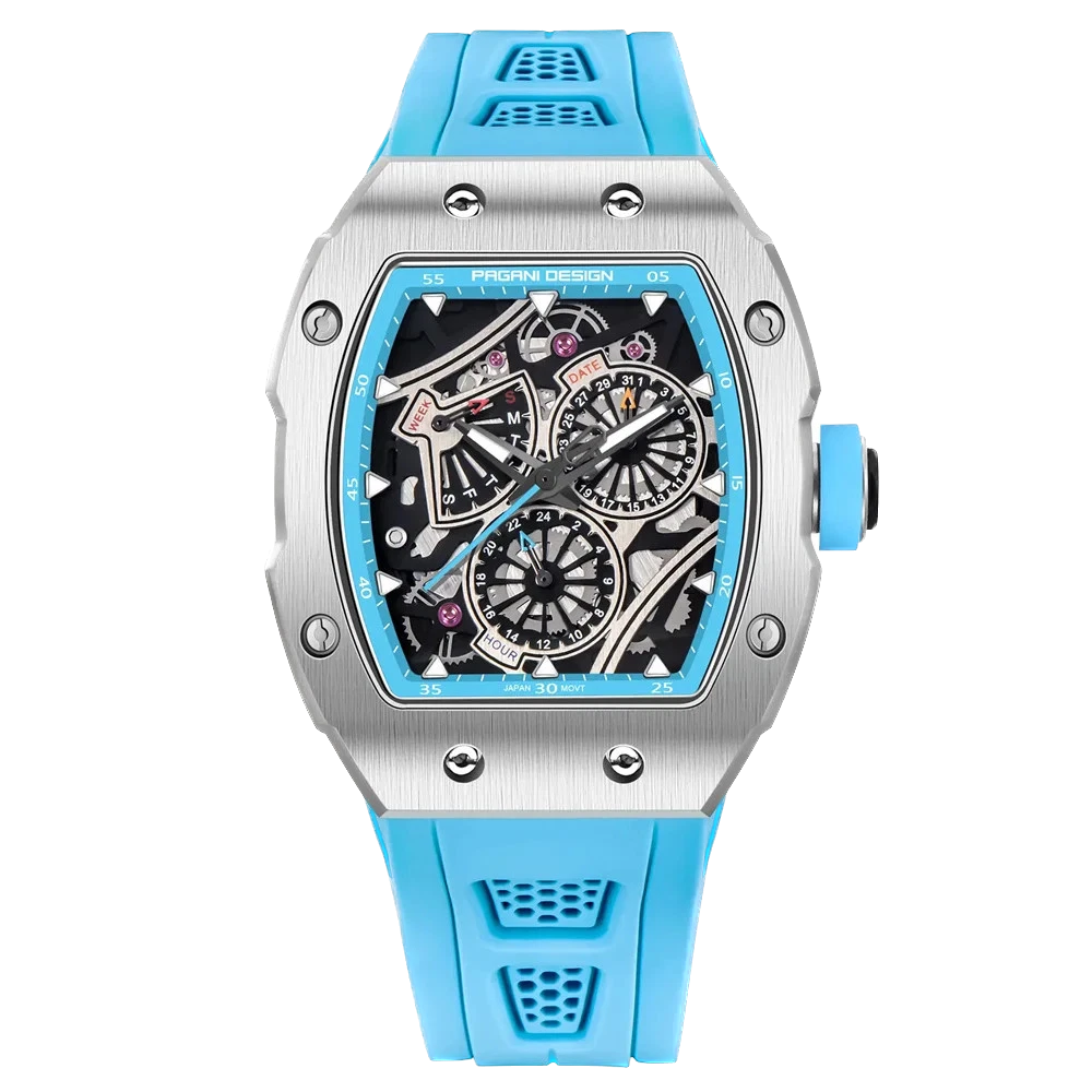 Front view of Pagani Design PD‑YS012 skeleton sport watch with blue rubber strap, silver tonneau case, skeleton dial, and chronograph subdials, isolated on a transparent background.