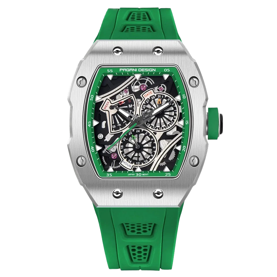 Front view of Pagani Design PD‑YS012 skeleton sport watch with green rubber strap, silver tonneau case, skeleton dial with chronograph subdials, isolated on a transparent background.