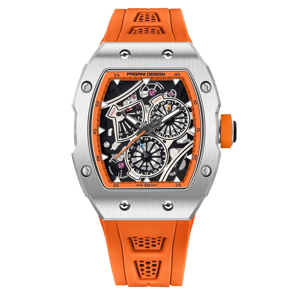 Front view of Pagani Design PD-YS012 skeleton sport watch featuring orange rubber strap, silver tonneau-shaped stainless steel case, skeleton dial with chronograph subdials, and sapphire crystal, isolated on transparent background.