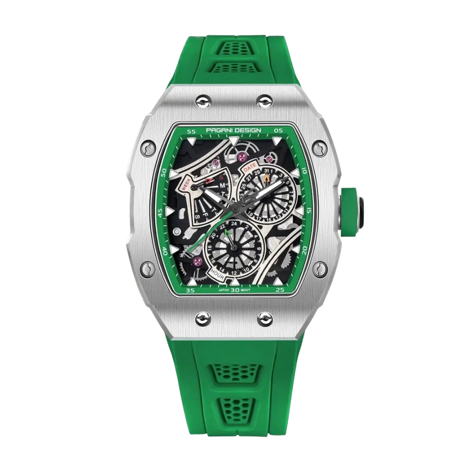 PAGANI DESIGN PD-YS012 skeleton watch with green strap, front view