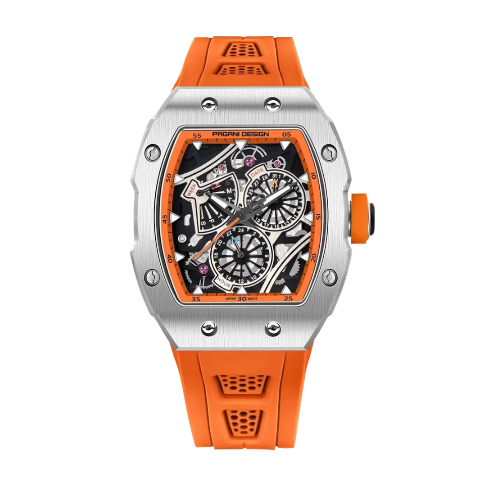 PAGANI DESIGN PD-YS012 skeleton watch with orange strap, front view