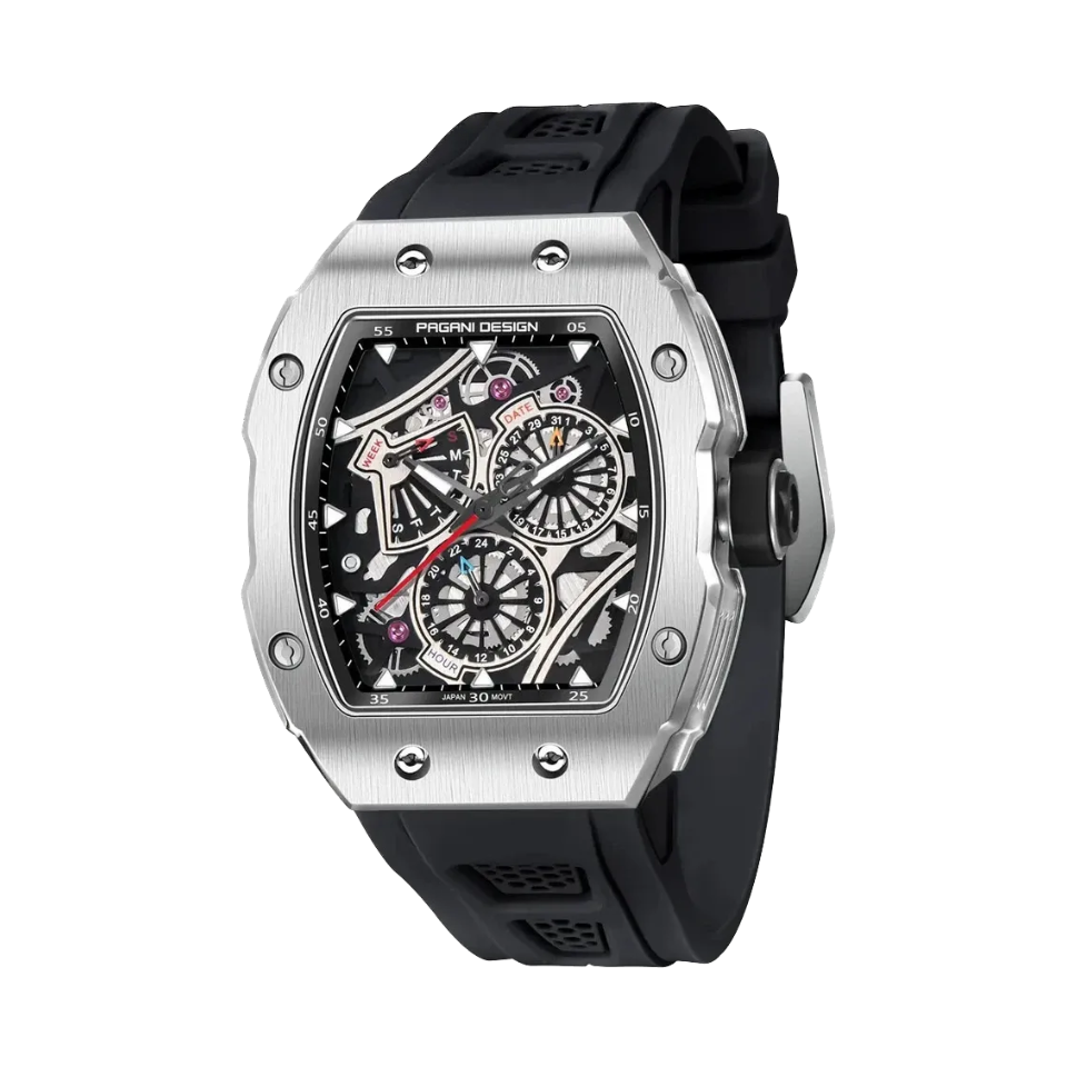 PAGANI DESIGN PD-YS012 skeleton watch, silver case black strap angle