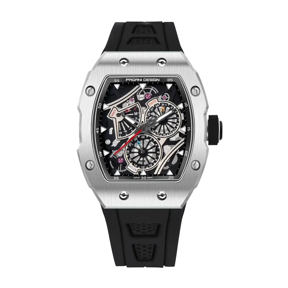 PAGANI DESIGN PD-YS012 skeleton watch, silver case black strap