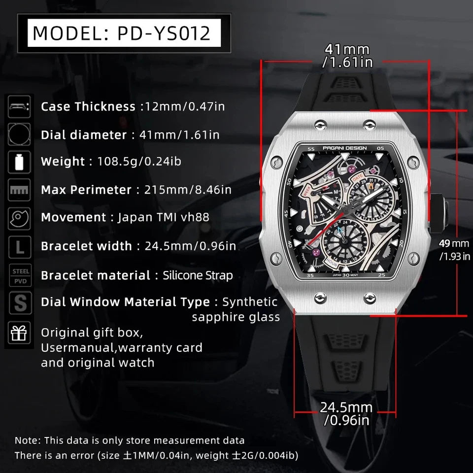 Infographic showing specifications of the Pagani Design PD‑YS012 skeleton sport watch, including 12 mm case thickness, 41 mm dial diameter, 24.5 mm strap width, 108.5 g weight, Japan TMI VH88 movement, synthetic sapphire glass, and silicone strap, with measurement annotations and a dark background.